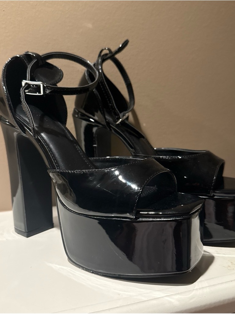 Forever 21 Platform Peep-Toe Ankle Strap Heels in Black